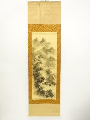 小倉理山筆　水墨山水　肉筆絹本掛軸